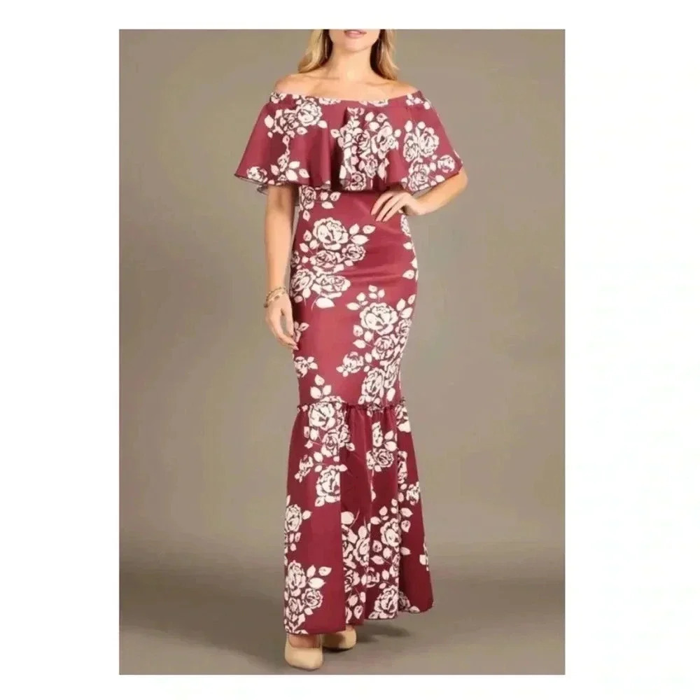 🆕NWOT Burgundy Floral Ruffle-Accent Off-Shoulder Dress M🆕